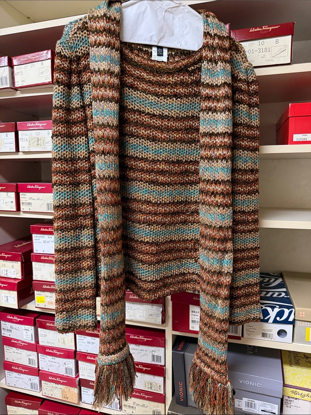 St. John Striped pullover sweater in Brown and Turquoise with matching scarf